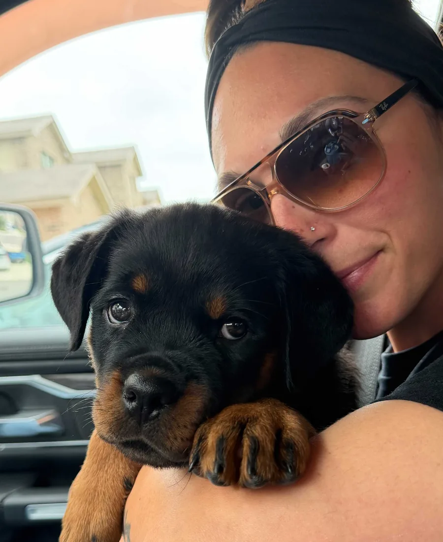 A Rottweiler puppy with its owner after behavior work with Steady State K9